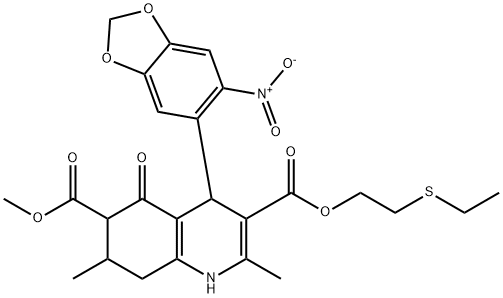 3-(2-(ethylthio)ethyl) 6-methyl 2,7-dimethyl-4-(6-nitrobenzo[d][1,3]dioxol-5-yl)-5-oxo-1,4,5,6,7,8-hexahydroquinoline-3,6-dicarboxylate Struktur