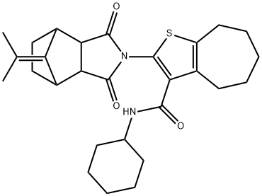 N-cyclohexyl-2-(1,3-dioxo-8-(propan-2-ylidene)hexahydro-1H-4,7-methanoisoindol-2(3H)-yl)-5,6,7,8-tetrahydro-4H-cyclohepta[b]thiophene-3-carboxamide Structure