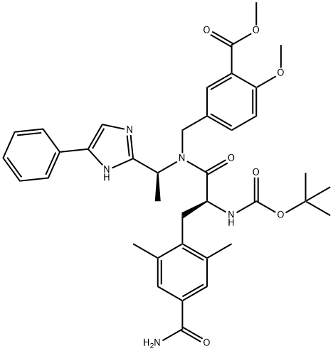 Benzoic acid, 5-[[[(2S)-3-[4-(aminocarbonyl)-2,6-dimethylphenyl]-2-[[(1,1-dimethylethoxy)carbonyl]amino]-1-oxopropyl][(1S)-1-(5-phenyl-1H-imidazol-2-yl)ethyl]amino]methyl]-2-methoxy-, methyl ester 化学構造式