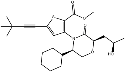 3-[(2R,5R)-5-环己基-2-(R)-2-羟丙基)-3-氧代吗啉-4-基]-5-(3,3-二甲基-1-炔基)噻吩-2-羧酸甲酯 结构式