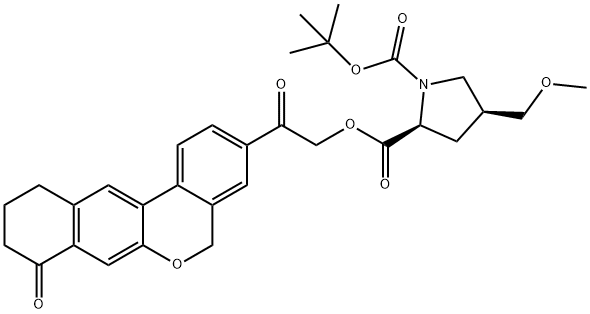 (2S,4S)-1-tert-butyl 2-(2-oxo-2-(8-oxo-8,9,10,11-tetrahydro-5H-dibenzo[c,g]
chromen-3-yl)ethyl) 4-(methoxymethyl)pyrrolidine-1,2-dicarboxylate Structure