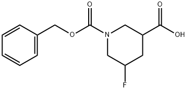 1-(benzyloxycarbonyl)-5-fluoropiperidine-3-carboxylic acid 化学構造式