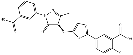 5-(5-{[1-(3-carboxyphenyl)-3-methyl-5-oxo-1,5-dihydro-4H-pyrazol-4-ylidene]methyl}-2-furyl)-2-chlorobenzoic acid 化学構造式