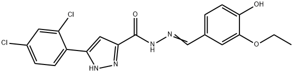 3-(2,4-dichlorophenyl)-N'-[(E)-(3-ethoxy-4-hydroxyphenyl)methylidene]-1H-pyrazole-5-carbohydrazide 化学構造式