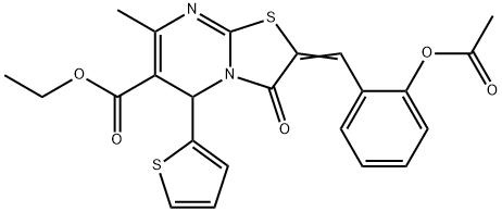 ethyl (2E)-2-[2-(acetyloxy)benzylidene]-7-methyl-3-oxo-5-(thiophen-2-yl)-2,3-dihydro-5H-[1,3]thiazolo[3,2-a]pyrimidine-6-carboxylate 结构式