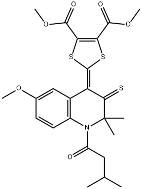 dimethyl 2-[6-methoxy-2,2-dimethyl-1-(3-methylbutanoyl)-3-thioxo-2,3-dihydroquinolin-4(1H)-ylidene]-1,3-dithiole-4,5-dicarboxylate Struktur