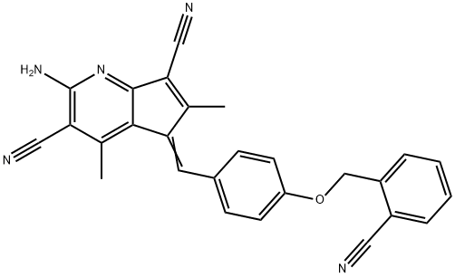 (5E)-2-amino-5-{4-[(2-cyanobenzyl)oxy]benzylidene}-4,6-dimethyl-5H-cyclopenta[b]pyridine-3,7-dicarbonitrile Struktur