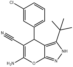 6-amino-3-tert-butyl-4-(3-chlorophenyl)-1,4-dihydropyrano[2,3-c]pyrazole-5-carbonitrile Struktur