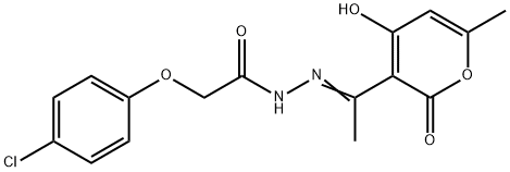 (E)-2-(4-chlorophenoxy)-N'-(1-(4-hydroxy-6-methyl-2-oxo-2H-pyran-3-yl)ethylidene)acetohydrazide 化学構造式