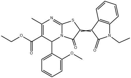 (Z)-ethyl 2-(1-ethyl-2-oxoindolin-3-ylidene)-5-(2-methoxyphenyl)-7-methyl-3-oxo-3,5-dihydro-2H-thiazolo[3,2-a]pyrimidine-6-carboxylate Struktur