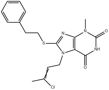 7-[(2Z)-3-chlorobut-2-en-1-yl]-3-methyl-8-[(2-phenylethyl)sulfanyl]-3,7-dihydro-1H-purine-2,6-dione 化学構造式