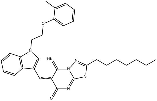 (6Z)-2-heptyl-5-imino-6-({1-[2-(2-methylphenoxy)ethyl]-1H-indol-3-yl}methylidene)-5,6-dihydro-7H-[1,3,4]thiadiazolo[3,2-a]pyrimidin-7-one 结构式
