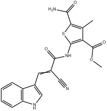 (E)-methyl 5-carbamoyl-2-(2-cyano-3-(1H-indol-3-yl)acrylamido)-4-methylthiophene-3-carboxylate Structure