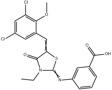 3-{[(2E,5Z)-5-(3,5-dichloro-2-methoxybenzylidene)-3-ethyl-4-oxo-1,3-thiazolidin-2-ylidene]amino}benzoic acid,675168-67-9,结构式