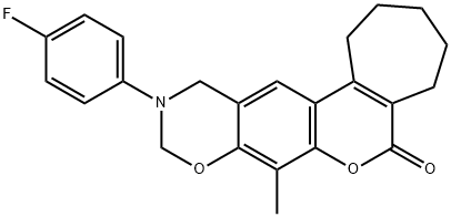 11-(4-fluorophenyl)-8-methyl-2,3,4,5,11,12-hexahydro-1H-cyclohepta[3,4]chromeno[6,7-e][1,3]oxazin-6(10H)-one Struktur