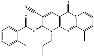 N-(3-cyano-10-methyl-5-oxo-1-propyl-1,5-dihydro-2H-dipyrido[1,2-a:2,3-d]pyrimidin-2-ylidene)-2-methylbenzamide Struktur