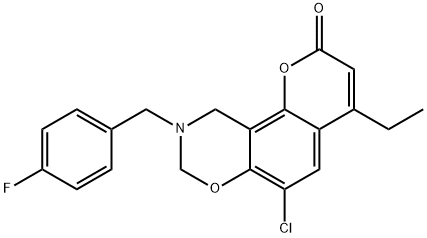6-chloro-4-ethyl-9-(4-fluorobenzyl)-9,10-dihydro-2H,8H-chromeno[8,7-e][1,3]oxazin-2-one 结构式