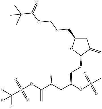 Propanoic acid, 2,2-dimethyl-, 3-[(2S,5S)-tetrahydro-4-methylene-5-[(3R,5R)-5-methyl-3-[(methylsulfonyl)oxy]-6-[[(trifluoromethyl)sulfonyl]oxy]-6-hepten-1-yl]-2-furanyl]propyl ester Structure