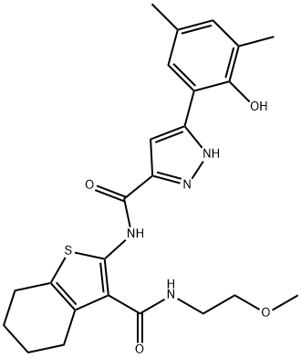3-(2-hydroxy-3,5-dimethylphenyl)-N-(3-{[(2-methoxyethyl)amino]carbonyl}-4,5,6,7-tetrahydro-1-benzothien-2-yl)-1H-pyrazole-5-carboxamide,879771-50-3,结构式