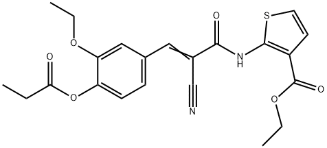 (E)-ethyl 2-(2-cyano-3-(3-ethoxy-4-(propionyloxy)phenyl)acrylamido)thiophene-3-carboxylate Struktur