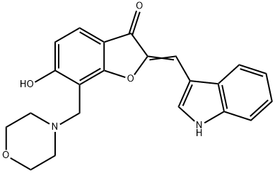 (2Z)-6-hydroxy-2-(1H-indol-3-ylmethylidene)-7-(morpholin-4-ylmethyl)-1-benzofuran-3(2H)-one 化学構造式