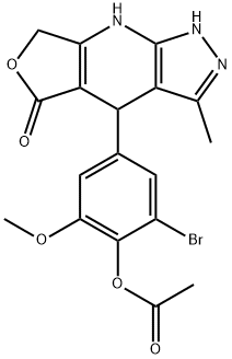 2-bromo-6-methoxy-4-(3-methyl-5-oxo-2,4,5,7-tetrahydro-1H-furo[3,4-b]pyrazolo[4,3-e]pyridin-4-yl)phenyl acetate Struktur