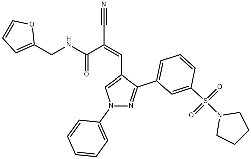 (2Z)-2-cyano-N-(furan-2-ylmethyl)-3-{1-phenyl-3-[3-(pyrrolidin-1-ylsulfonyl)phenyl]-1H-pyrazol-4-yl}prop-2-enamide 化学構造式