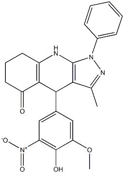 4-(4-hydroxy-3-methoxy-5-nitrophenyl)-3-methyl-1-phenyl-6,7,8,9-tetrahydro-1H-pyrazolo[3,4-b]quinolin-5(4H)-one Struktur