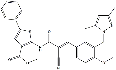 (E)-methyl 2-(2-cyano-3-(3-((3,5-dimethyl-1H-pyrazol-1-yl)methyl)-4-methoxyphenyl)acrylamido)-5-phenylthiophene-3-carboxylate 化学構造式
