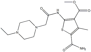 methyl 5-carbamoyl-2-(2-(4-ethylpiperazin-1-yl)acetamido)-4-methylthiophene-3-carboxylate 化学構造式