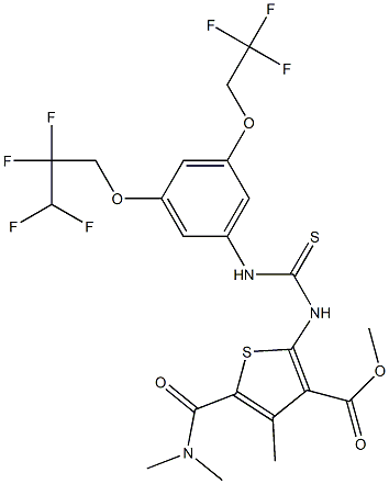 methyl 5-(dimethylcarbamoyl)-4-methyl-2-(3-(3-(2,2,3,3-tetrafluoropropoxy)-5-(2,2,2-trifluoroethoxy)phenyl)thioureido)thiophene-3-carboxylate 化学構造式