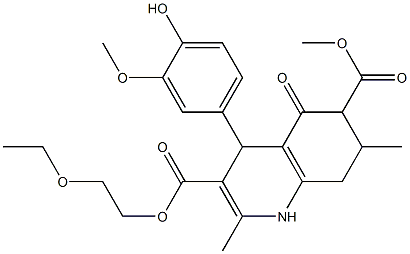 3-(2-ethoxyethyl) 6-methyl 4-(4-hydroxy-3-methoxyphenyl)-2,7-dimethyl-5-oxo-1,4,5,6,7,8-hexahydroquinoline-3,6-dicarboxylate 结构式