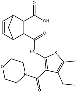 3-((4-ethyl-5-methyl-3-(morpholine-4-carbonyl)thiophen-2-yl)carbamoyl)bicyclo[2.2.1]hept-5-ene-2-carboxylic acid Struktur