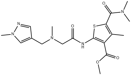 methyl 5-(dimethylcarbamoyl)-4-methyl-2-(2-(methyl((1-methyl-1H-pyrazol-4-yl)methyl)amino)acetamido)thiophene-3-carboxylate 化学構造式