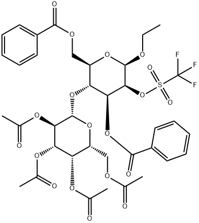 Ethyl-2-trifluoromethanesulfonyl-3,6-di-O-benzoyl-4-O-(2,3,4,6-tetra-O-acetyl-beta-D-galactopyranosyl)-
beta-D-mannopyranoside Struktur