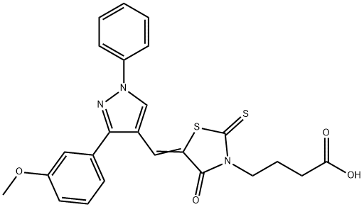 4-[(5Z)-5-{[3-(3-methoxyphenyl)-1-phenyl-1H-pyrazol-4-yl]methylidene}-4-oxo-2-thioxo-1,3-thiazolidin-3-yl]butanoic acid 结构式