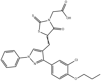 [(5Z)-5-{[3-(3-chloro-4-propoxyphenyl)-1-phenyl-1H-pyrazol-4-yl]methylidene}-4-oxo-2-thioxo-1,3-thiazolidin-3-yl]acetic acid Struktur