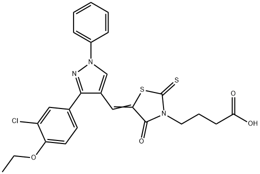 4-[(5Z)-5-{[3-(3-chloro-4-ethoxyphenyl)-1-phenyl-1H-pyrazol-4-yl]methylidene}-4-oxo-2-thioxo-1,3-thiazolidin-3-yl]butanoic acid Struktur