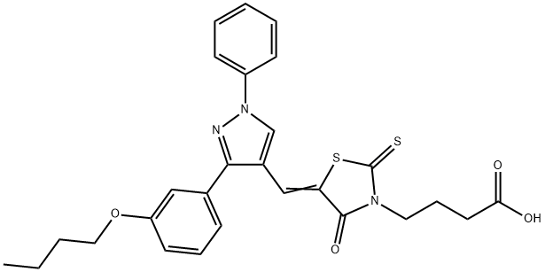 4-[(5Z)-5-{[3-(3-butoxyphenyl)-1-phenyl-1H-pyrazol-4-yl]methylidene}-4-oxo-2-thioxo-1,3-thiazolidin-3-yl]butanoic acid Struktur