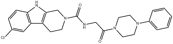 6-chloro-N-[2-oxo-2-(4-phenylpiperazin-1-yl)ethyl]-1,3,4,9-tetrahydro-2H-beta-carboline-2-carboxamide Struktur