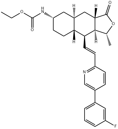 ethyl ((1R,3aS,4aR,6S,8aR,9S,9aS)-9-((E)-2-(5-(3-fluorophenyl)pyridin-2-yl)vinyl)-1-methyl-3-oxododecahydronaphtho[2,3-c]furan-6-yl)carbamate Struktur