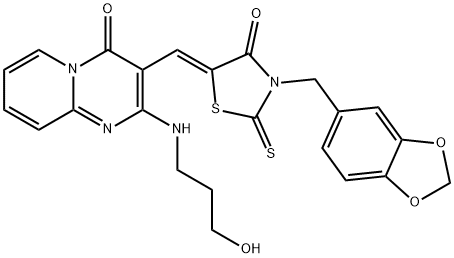 3-{[3-(1,3-benzodioxol-5-ylmethyl)-4-oxo-2-thioxo-1,3-thiazolidin-5-ylidene]methyl}-2-[(3-hydroxypropyl)amino]-4H-pyrido[1,2-a]pyrimidin-4-one Struktur