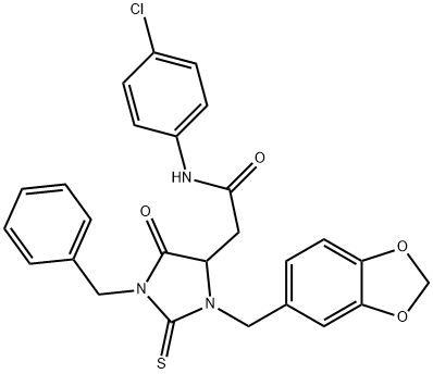 2-[3-(1,3-benzodioxol-5-ylmethyl)-1-benzyl-5-oxo-2-thioxoimidazolidin-4-yl]-N-(4-chlorophenyl)acetamide Struktur