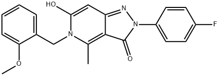 2-(4-fluorophenyl)-6-hydroxy-5-(2-methoxybenzyl)-4-methyl-2H-pyrazolo[4,3-c]pyridin-3(5H)-one 化学構造式