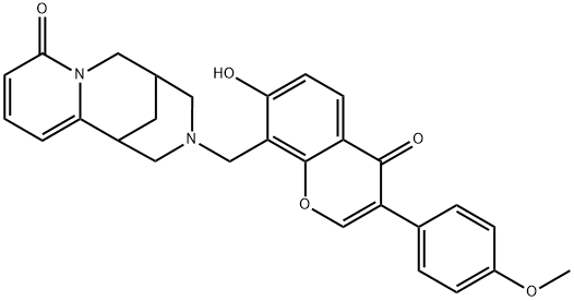 3-((7-hydroxy-3-(4-methoxyphenyl)-4-oxo-4H-chromen-8-yl)methyl)-3,4,5,6-tetrahydro-1H-1,5-methanopyrido[1,2-a][1,5]diazocin-8(2H)-one Struktur