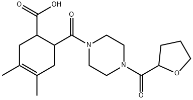 3,4-dimethyl-6-(4-(tetrahydrofuran-2-carbonyl)piperazine-1-carbonyl)cyclohex-3-enecarboxylic acid Struktur