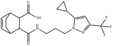 3-((3-(5-cyclopropyl-3-(trifluoromethyl)-1H-pyrazol-1-yl)propyl)carbamoyl)bicyclo[2.2.2]oct-5-ene-2-carboxylic acid 结构式