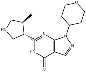 6-((3S,4S)-4-methylpyrrolidin-3-yl)-1-(tetrahydro-2H-pyran-4-yl)-1,5-dihydro-4H-pyrazolo[3,4-d]pyrimidin-4-one Struktur