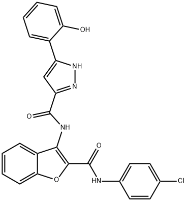 N-(2-((4-chlorophenyl)carbamoyl)benzofuran-3-yl)-5-(2-hydroxyphenyl)-1H-pyrazole-3-carboxamide Struktur