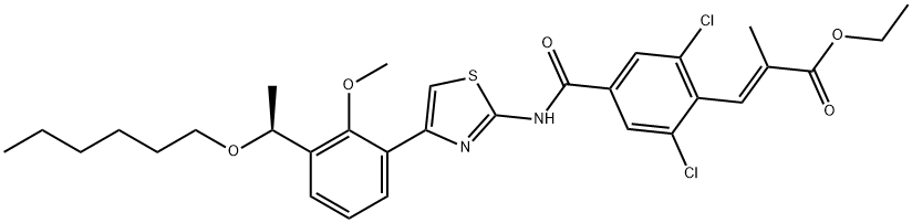 (S,E)-3-(2,6-dichloro-4-((4-(3-(1-(hexyloxy)ethyl)-2-methoxyphenyl)thiazol-2-yl)carbamoyl)phenyl)-2-methylacrylic acid Structure